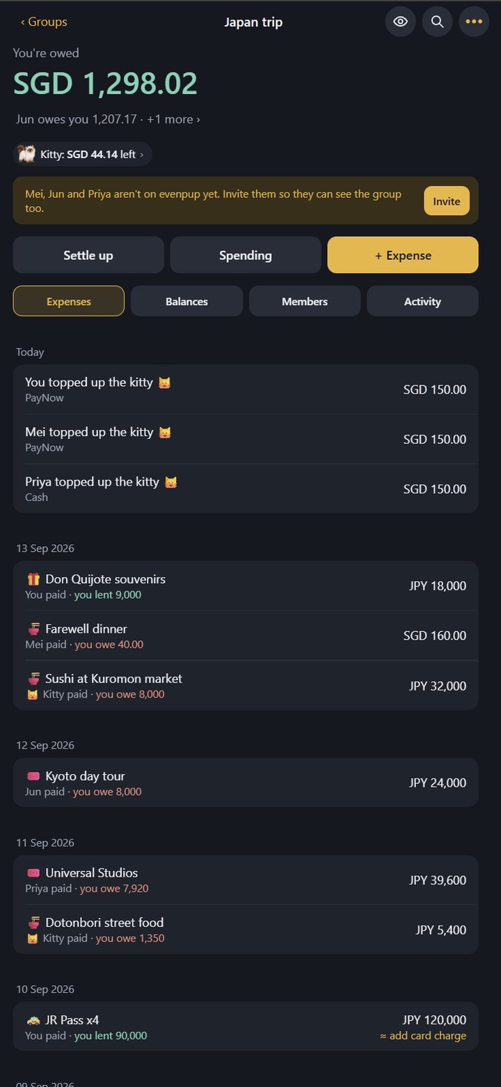 A trip group in evenpup, with its list of expenses