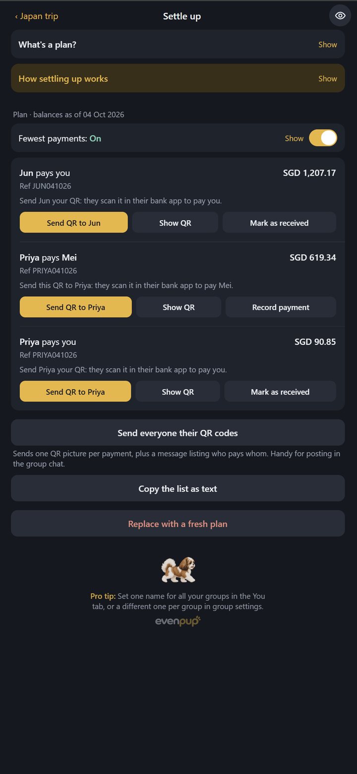 Settle up in evenpup, showing who pays who with PayNow QR buttons